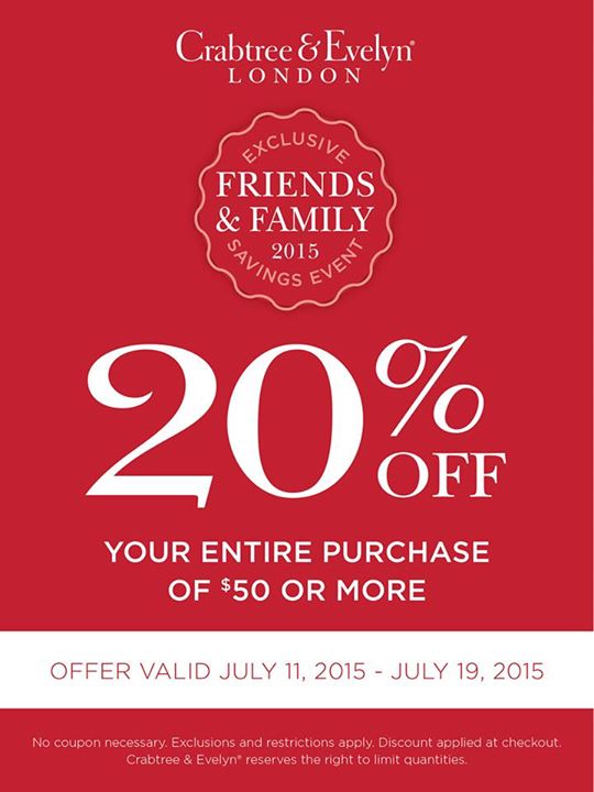 Crabtree & Evelyn Coupon April 2024 20% off $50 at Crabtree & Evelyn, or online via promo code FFSUMMER15