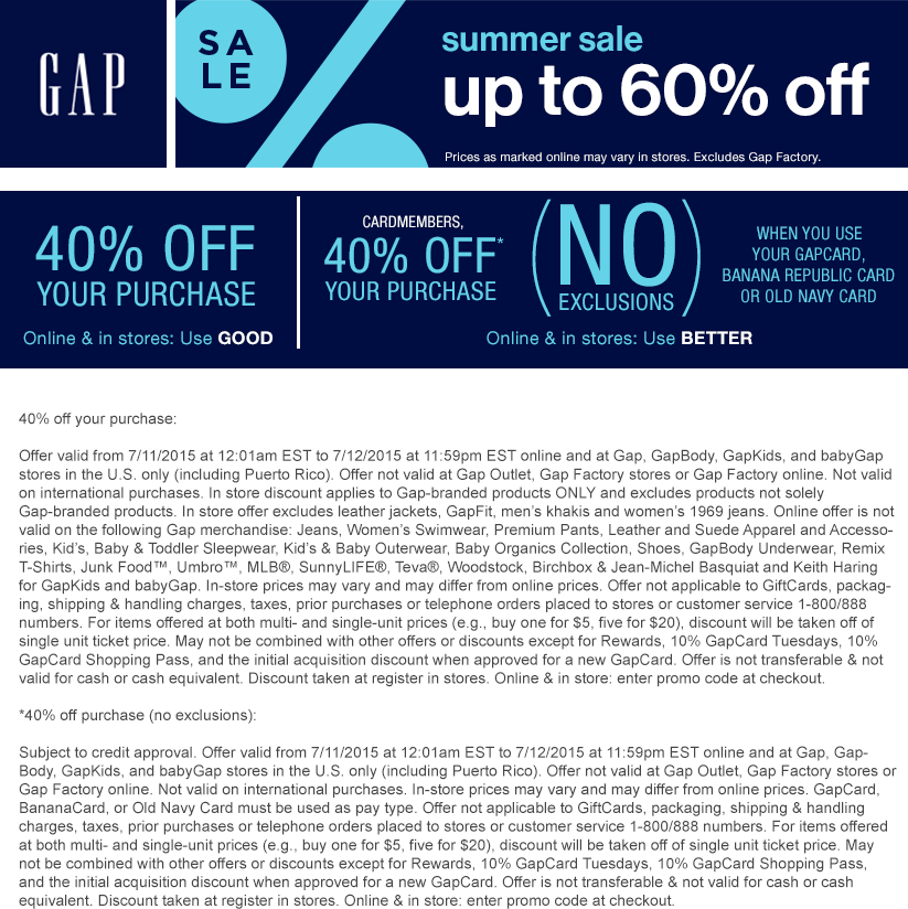 Gap Coupon April 2024 40% off today at Gap, or online via promo code GOOD