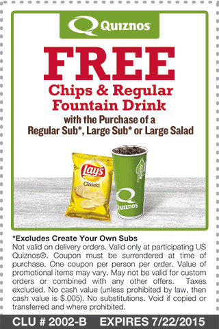 Quiznos Coupon April 2024 Free chips & drink with your sub or salad at Quiznos