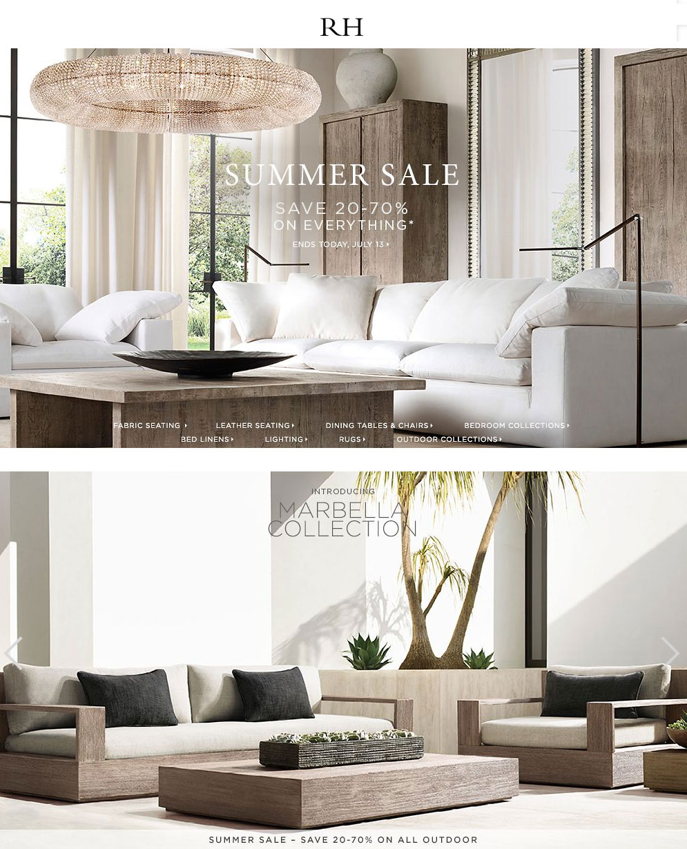 Restoration Hardware Coupon March 2024 20-70% off everything today at Restoration Hardware, ditto online