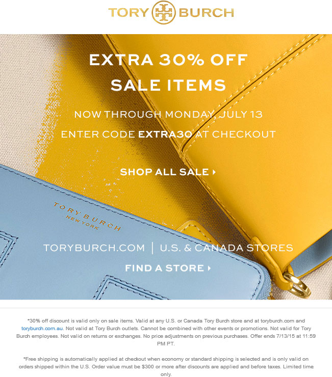 Tory Burch Coupon March 2024 Extra 30% off sale items today at Tory Burch, or online via promo code EXTRA30