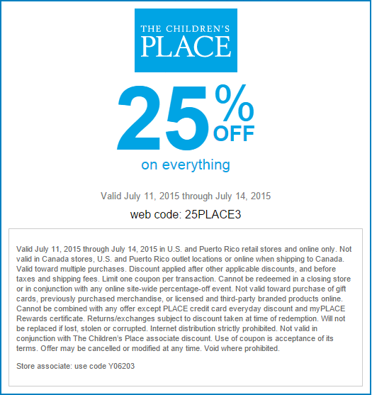 Childrens Place Coupon April 2024 25% off everything today at The Childrens Place, or online via promo code 25PLACE3
