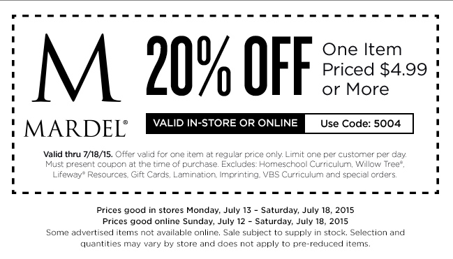 Mardel Coupon April 2024 20% off a single item at Mardel, or online via promo code 5004