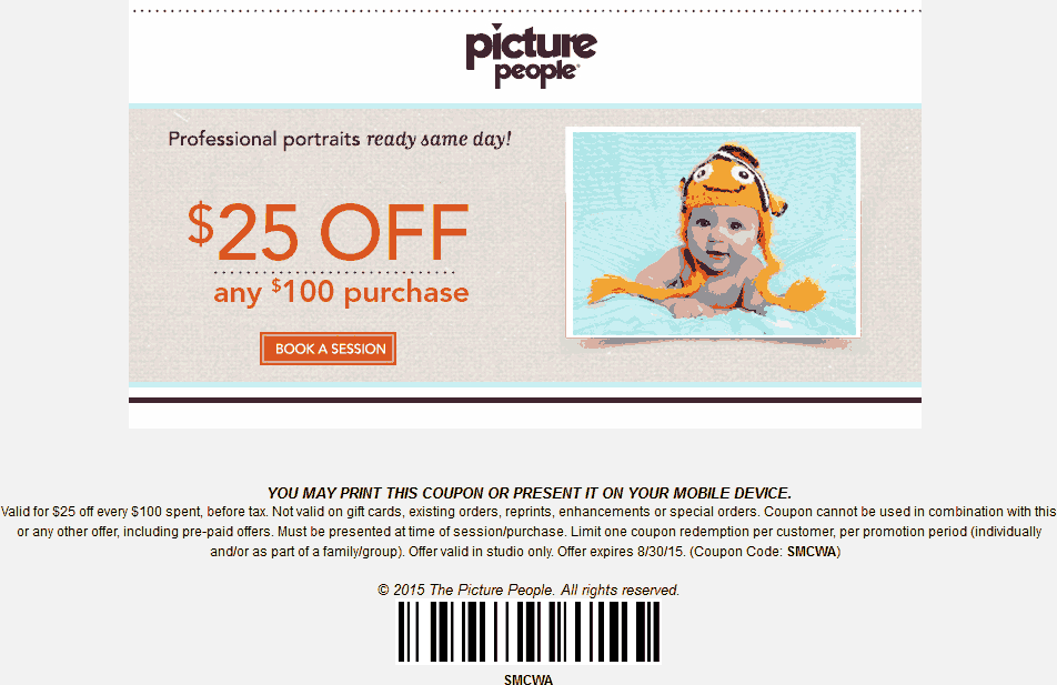 Picture People Coupon April 2024 $25 off $100 on same-day portraits at Picture People