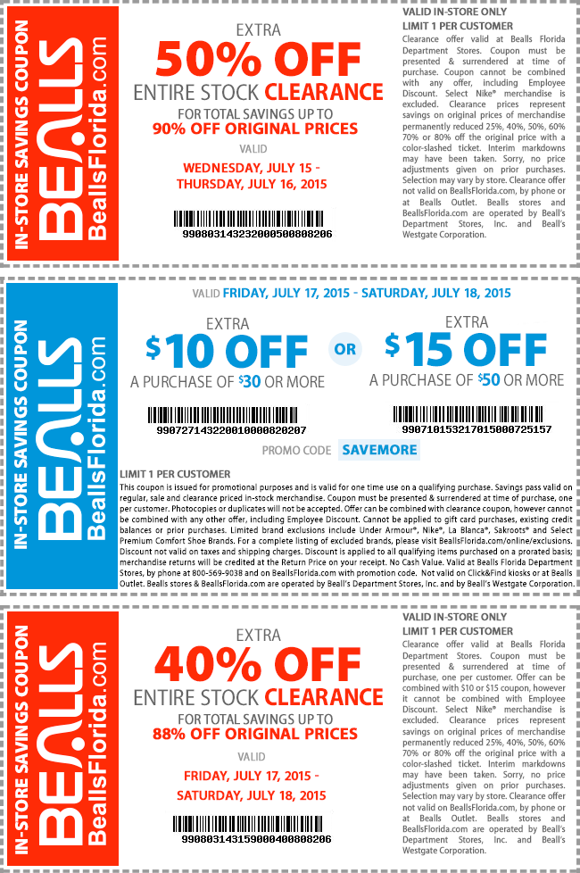 Bealls Coupon April 2024 50% off clearance, $10 off $30 & more at Bealls, or online via promo code SAVEMORE