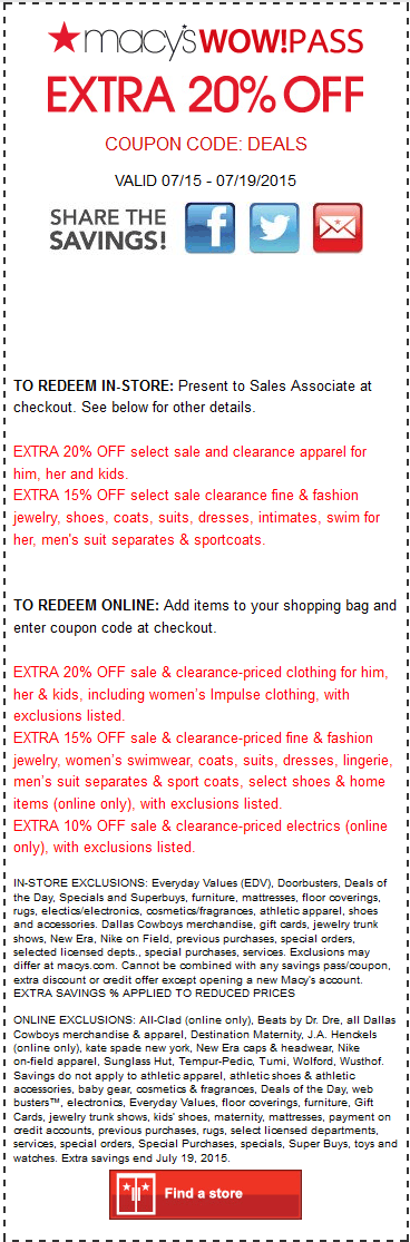 Macys Coupon April 2024 Extra 20% off at Macys, or online via promo code DEALS