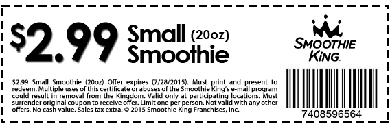 Smoothie King Coupon March 2024 20oz smoothie for $3 bucks at Smoothie King