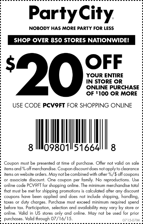 Party City Coupon April 2024 $20 off $100 today at Party City, or online via promo code PCV9FT