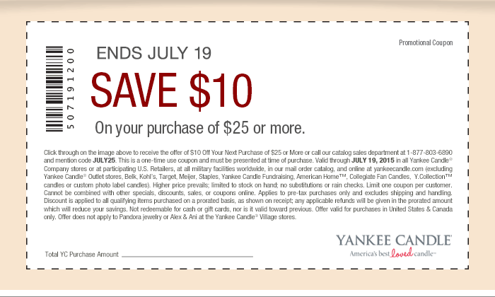 Yankee Candle Coupon March 2024 $10 off $25 at Yankee Candle, or online via promo code JULY25