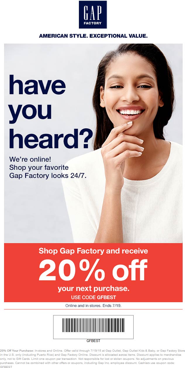 Gap Factory Coupon April 2024 20% off at Gap Factory locations, or online via promo code GFBEST