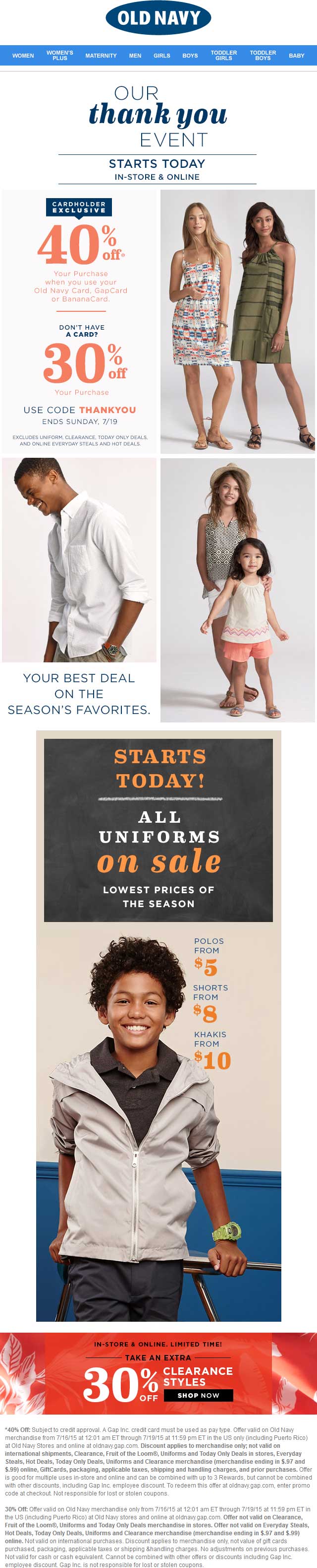 Old Navy Coupon April 2024 30% off at Old Navy, or online via promo code THANKYOU