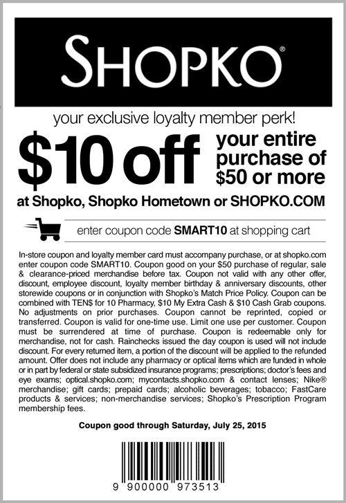 Shopko Coupon April 2024 $10 off $50 at Shopko, or online via promo code SMART10
