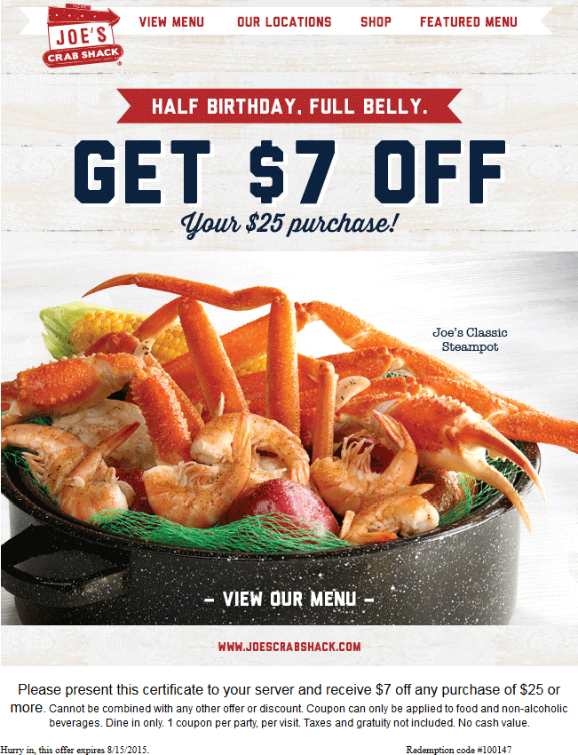 Joes Crab Shack Coupon April 2024 $7 off $25 at Joes Crab Shack restaurants