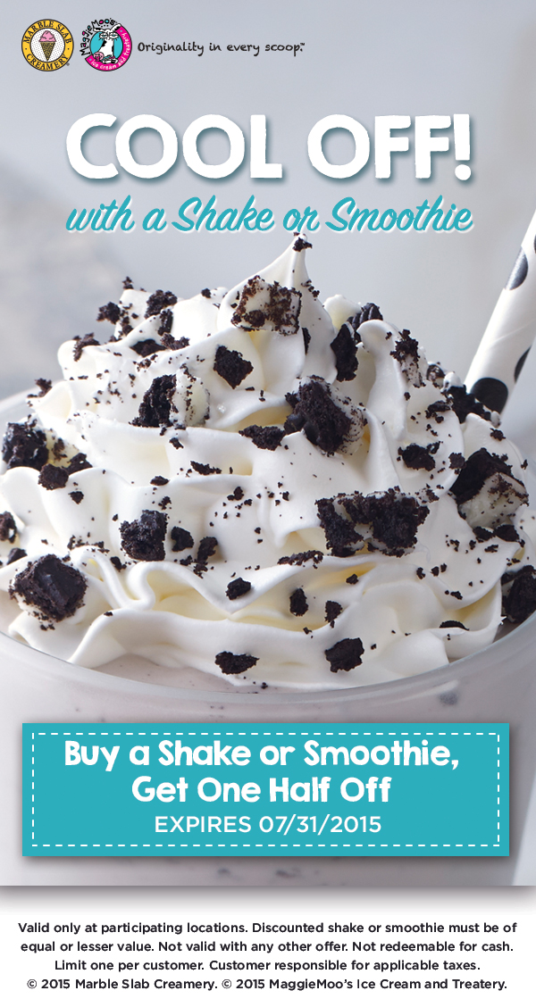 Marble Slab Creamery Coupon April 2024 50% off second shake or smoothie at MaggieMoos & Marble Slab Creamery