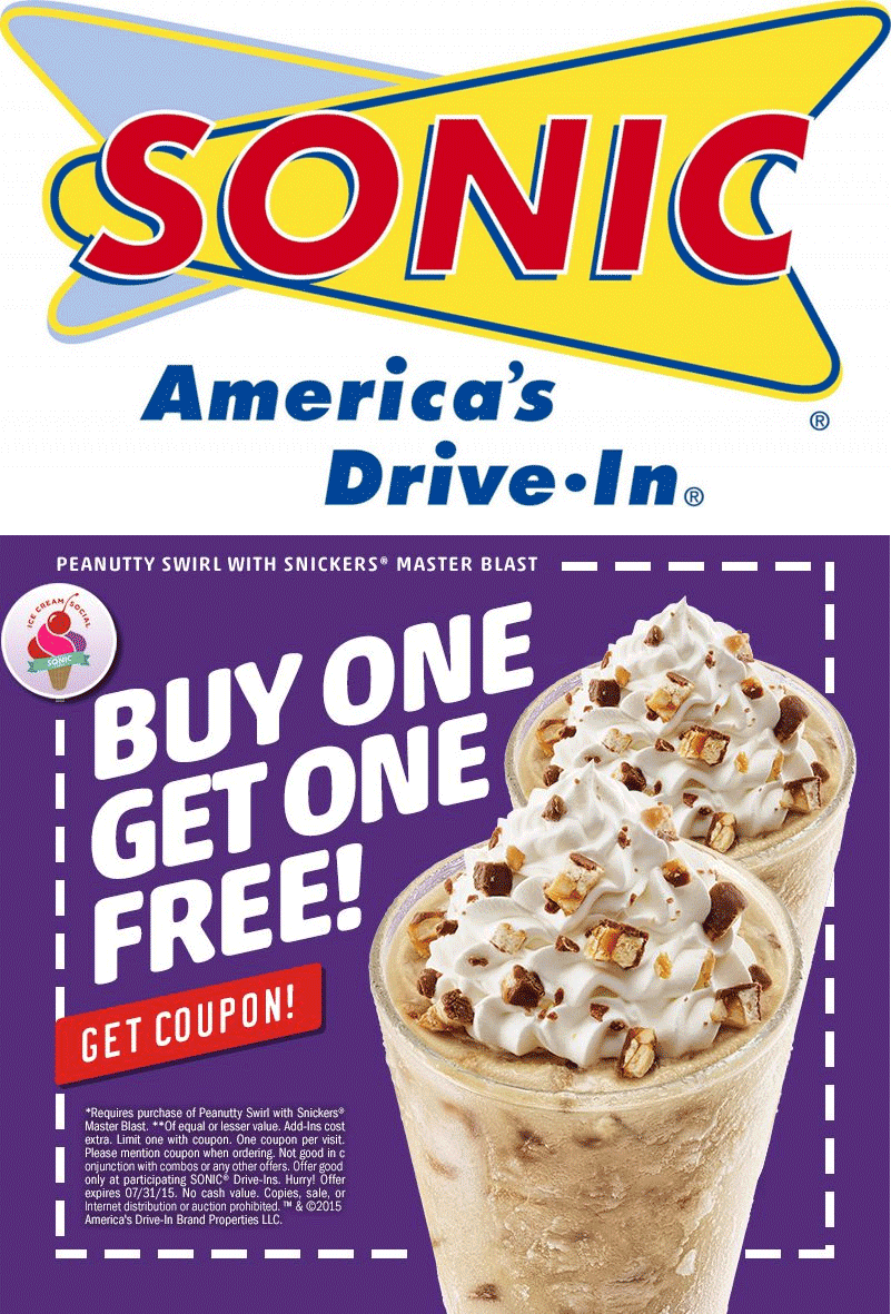 Sonic Drive-In Coupon April 2024 Second snickers blast free at Sonic Drive-In