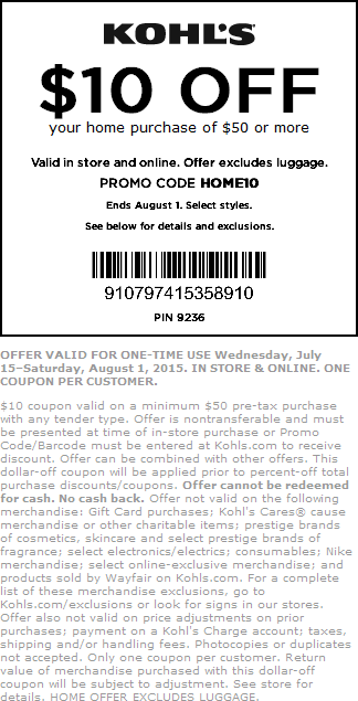 Kohls Coupon April 2024 $10 off $50 on homegoods at Kohls, or online via promo code HOME10