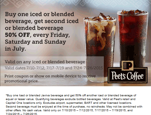 Peets Coffee & Tea Coupon April 2024 Second iced beverage 50% off Fri-Sun at Peets Coffee & Tea