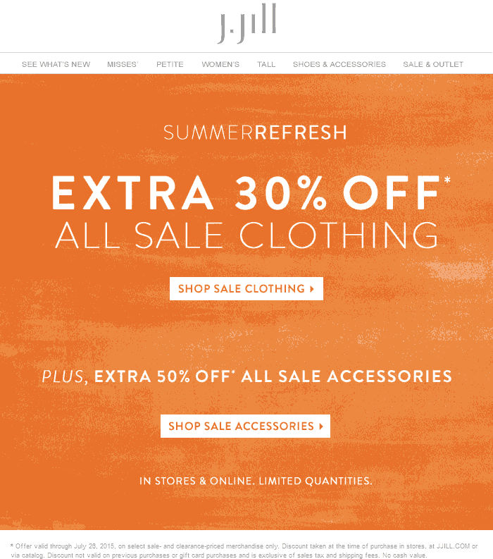 J.Jill Coupon March 2024 Extra 30% off sale clothing at J.Jill, ditto online - 50% off accessories
