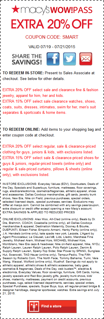 Macys Coupon April 2024 Extra 20% off today at Macys, or online via promo code SMART