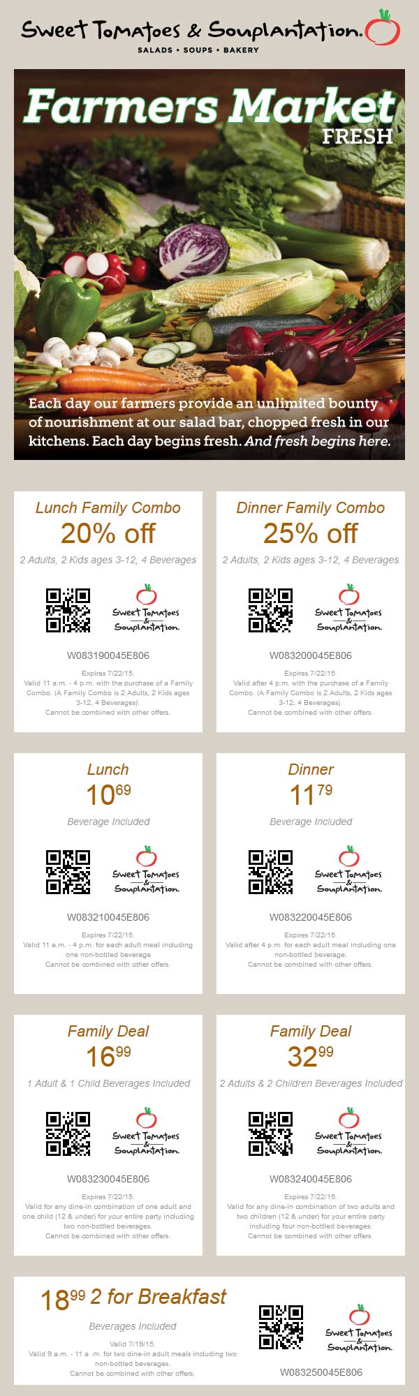 Sweet Tomatoes Coupon April 2024 20% off family lunch, 25% off dinner & more at Sweet Tomatoes & Souplantation