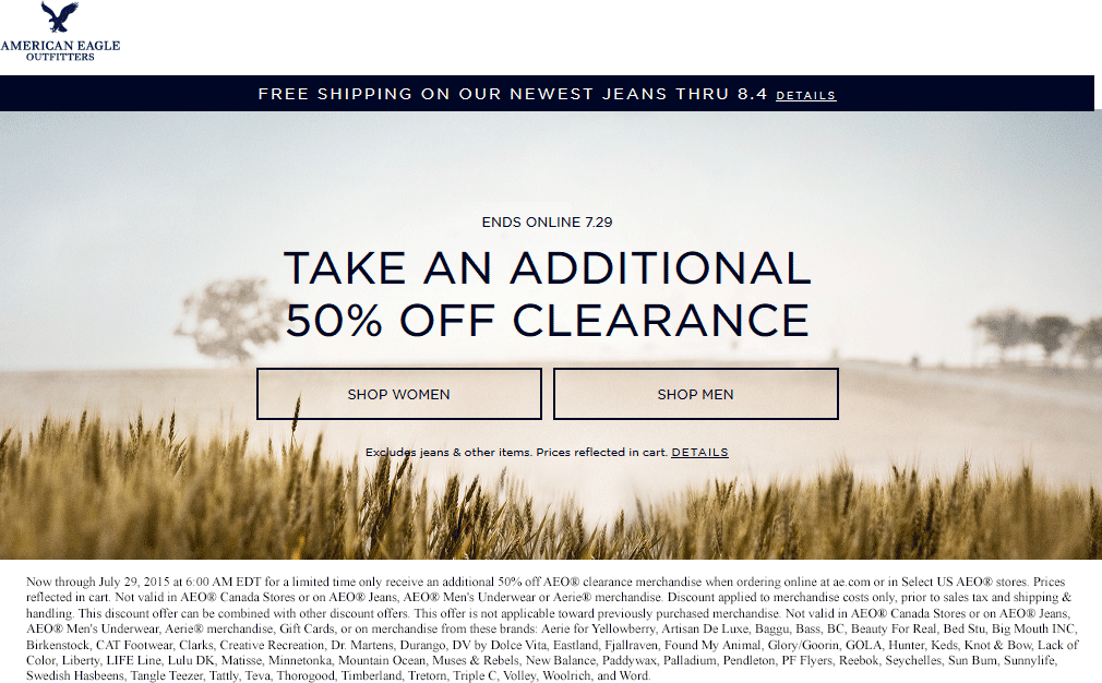 American Eagle Outfitters Coupon March 2024 Extra 50% off clearance at American Eagle Outfitters, ditto online