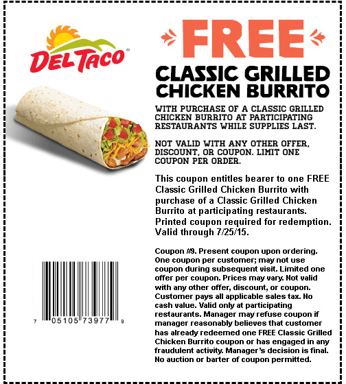 Del Taco Coupon March 2024 Second chicken burrito free today at Del Taco