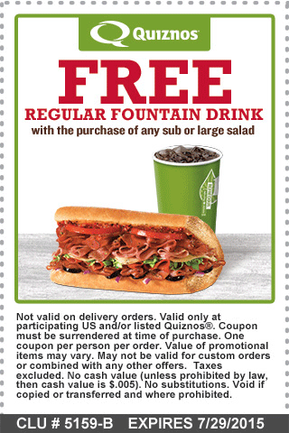 Quiznos Coupon April 2024 Free drink with your sub or salad at Quiznos