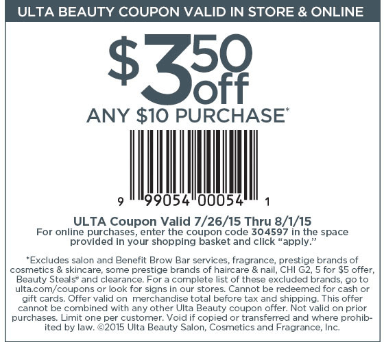 Ulta Coupon April 2024 $3 off $10 at Ulta, or online via promo code 304597
