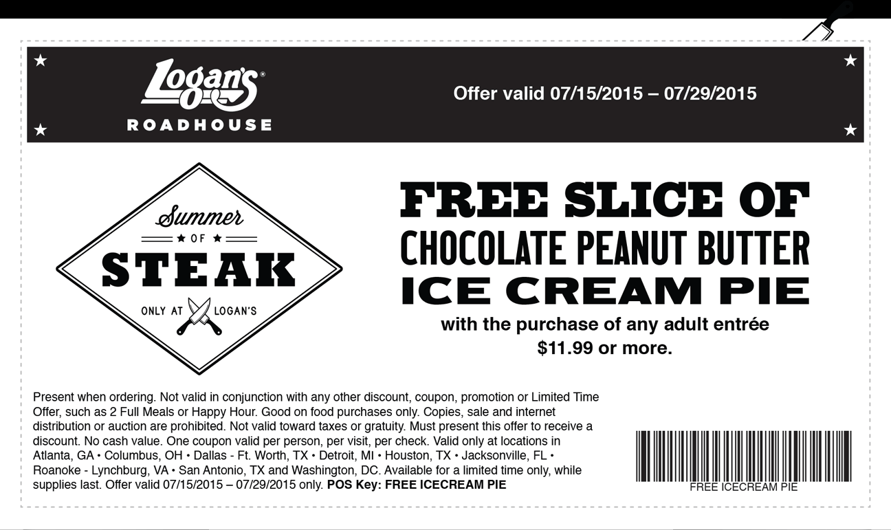 Logans Roadhouse Coupon April 2024 Free slice peanut butter ice cream pie with your entree at Logans Roadhouse