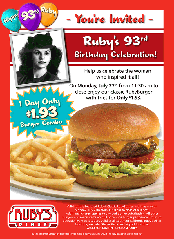 Rubys Diner Coupon April 2024 Cheeseburger + fries for $1.93 today at Rubys Diner