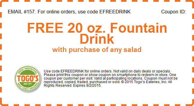 Togos Coupon April 2024 Free drink with your salad at Togos sandwiches