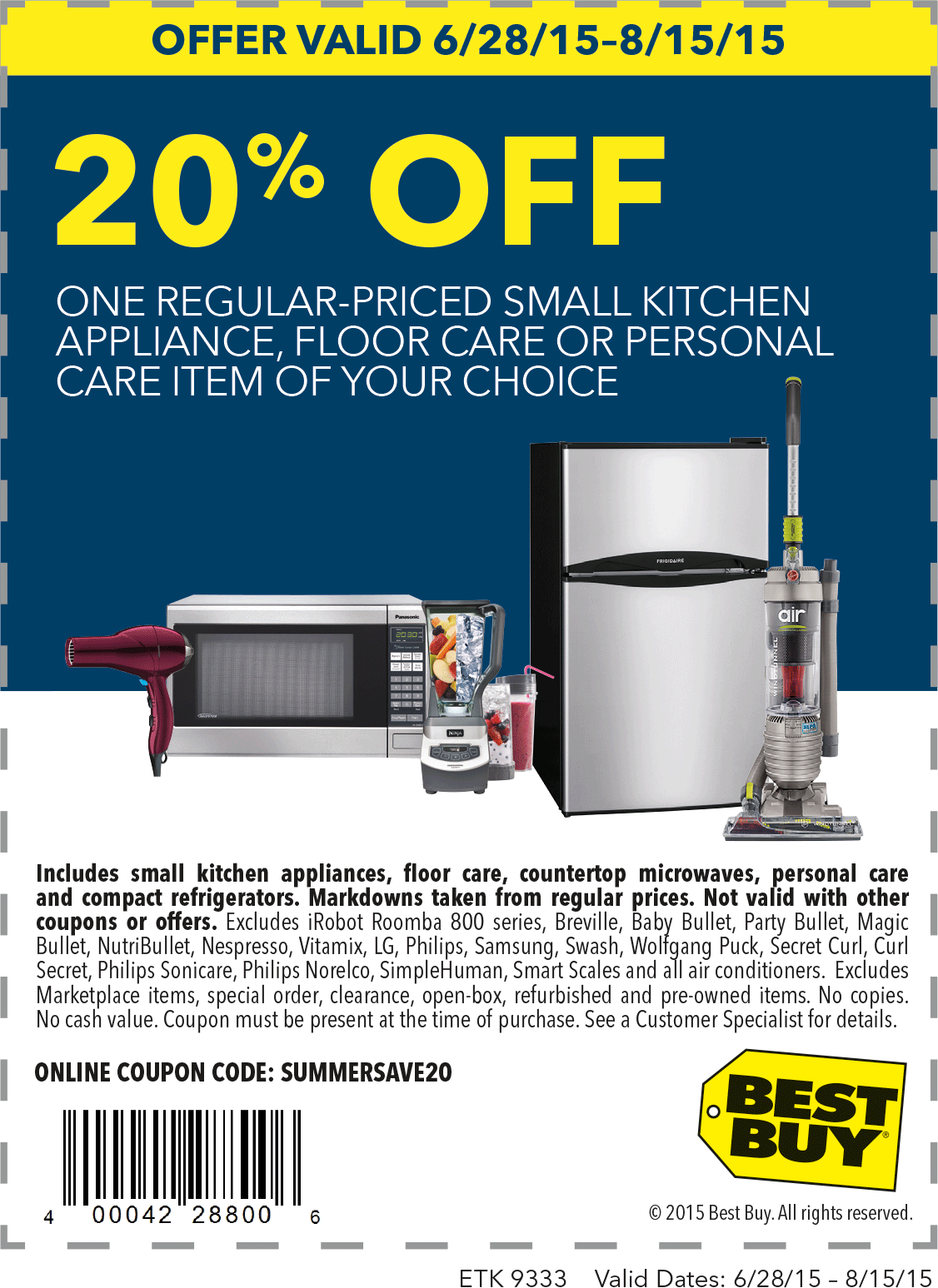 Best Buy Coupon April 2024 20% off a small appliance at Best Buy, or online via promo code SUMMERSAVE20