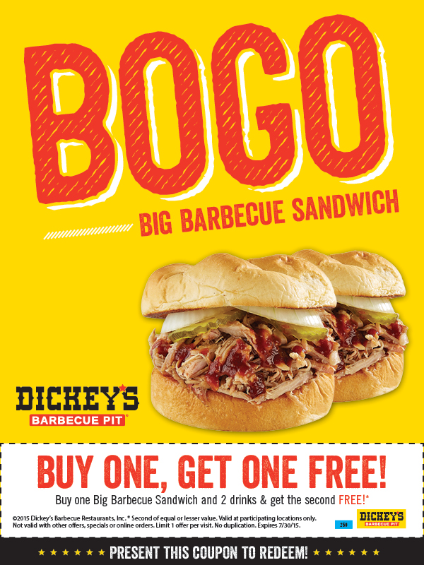 Dickeys Barbecue Pit Coupon March 2024 Second sandwich free at Dickeys barbecue pit