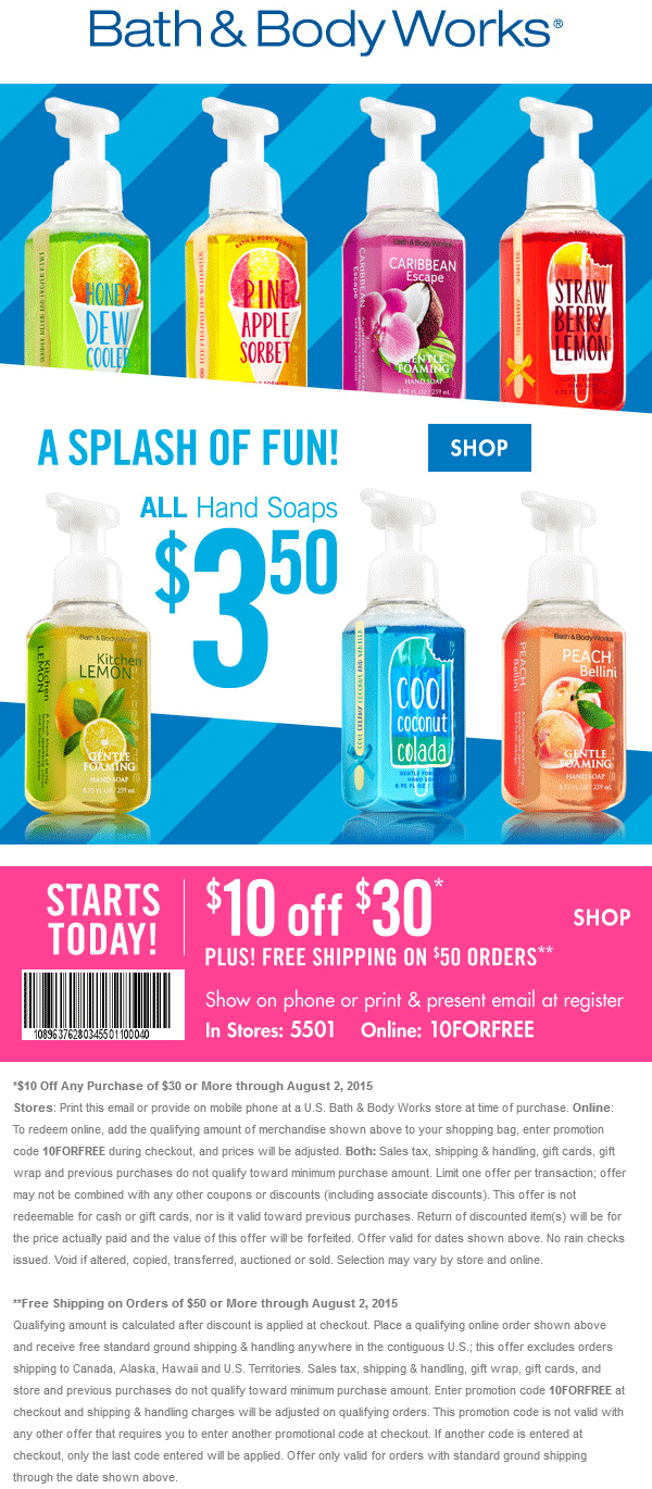Bath & Body Works Coupon April 2024 $10 off $30 at Bath & Body Works, or online via promo code 10FORFREE