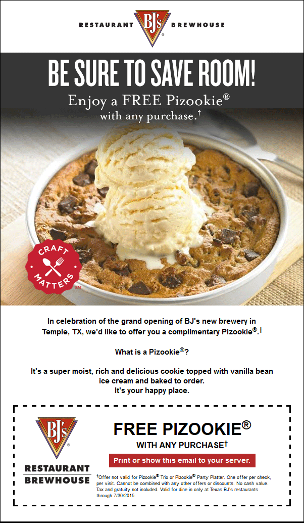 BJs Restaurant Coupon April 2024 Ice cream topped cookie free with any order at BJs Restaurant