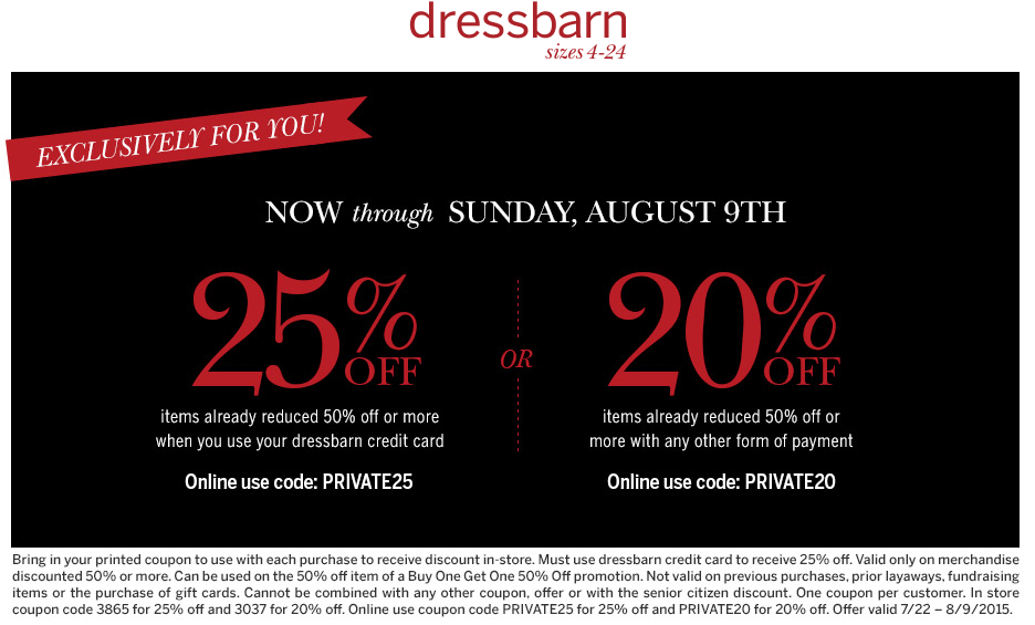 Dressbarn Coupon April 2024 Extra 20% off sale items at Dressbarn, or online via promo code PRIVATE20
