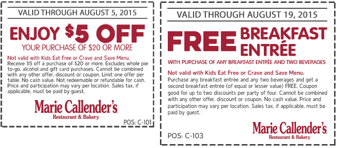 Marie Callenders Coupon April 2024 Second breakfast free & $5 off $20 at Marie Callenders restaurant & bakery