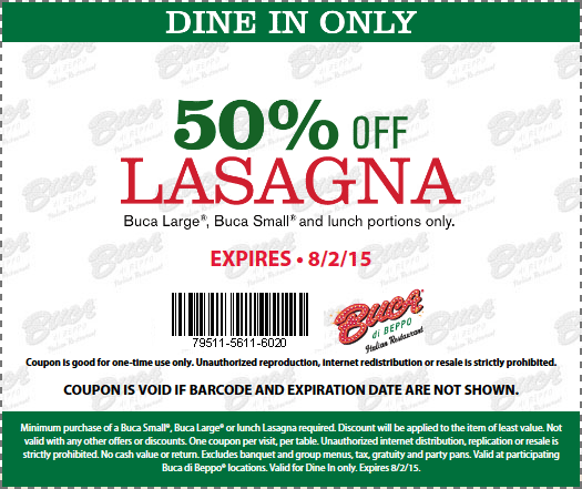 Buca di Beppo Coupon April 2024 50% off lasagna at Buca di Beppo restaurants