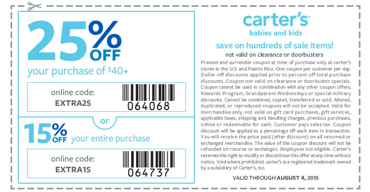 Carters Coupon April 2024 15-25% off at Carters, or online via promo code EXTRA15