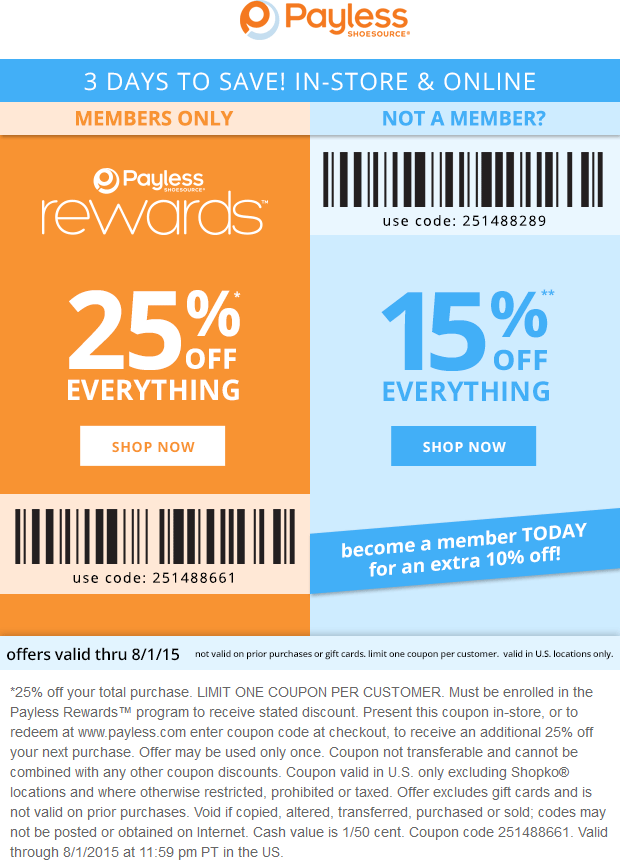 Payless Shoesource Coupon April 2024 15-25% off at Payless Shoesource, or online via promo code 251488289