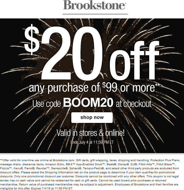 Brookstone Coupon April 2024 $20 off $99 at Brookstone, or online via promo code BOOM20