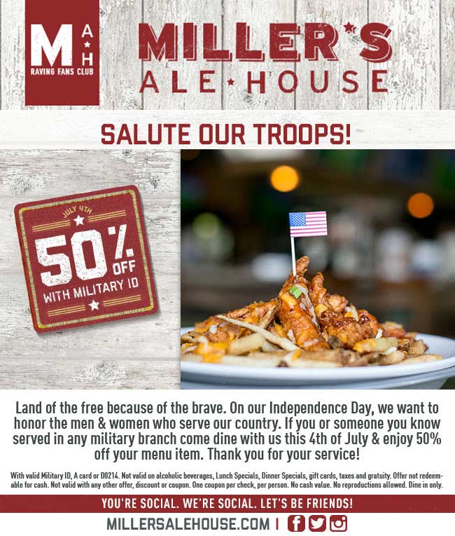 Millers Ale House Coupon April 2024 Military ID scores 50% off Monday at Millers Ale House restaurants