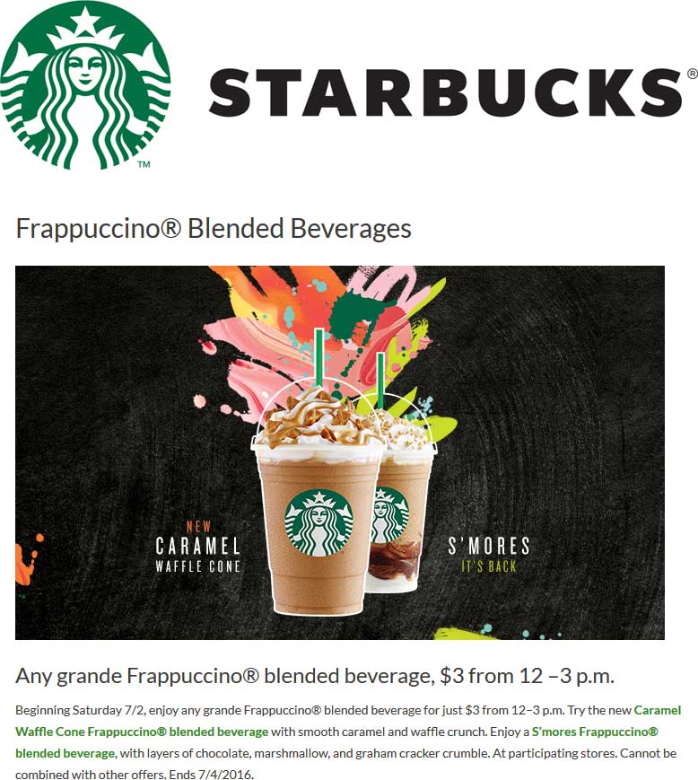 Starbucks Coupon April 2024 $3 grande frappuccinos 12-3p at Starbucks