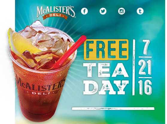 McAlisters Deli Coupon April 2024 Free tea the 21st at McAlisters Deli