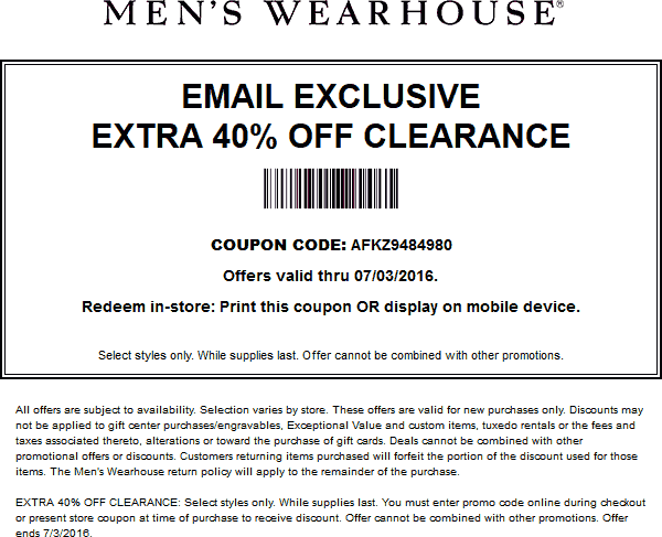 Mens Wearhouse Coupon April 2024 Extra 40% off clearance at Mens Wearhouse, or online via promo code AFKZ9484980