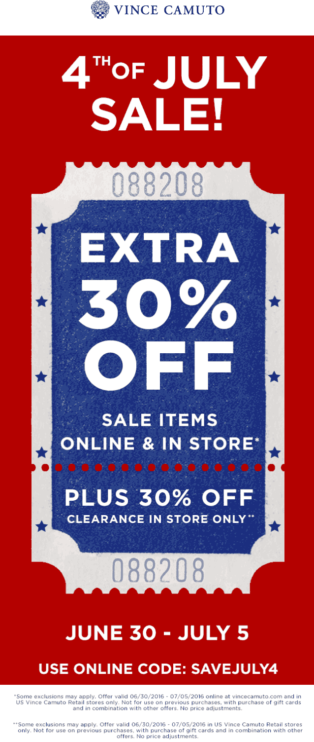 Vince Camuto Coupon April 2024 Extra 30% off sale items at Vince Camuto, or online via promo code SAVEJULY4