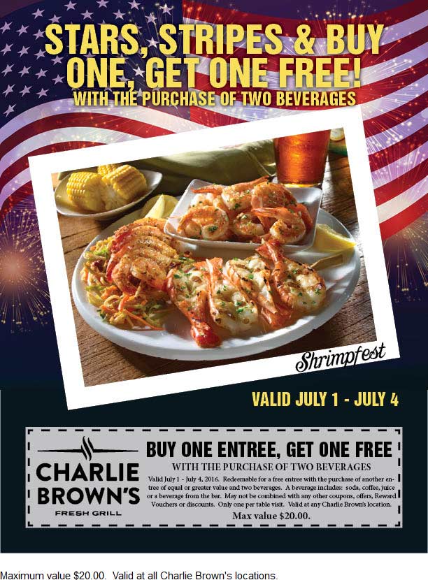 Charlie Browns Coupon March 2024 Second entree free at Charlie Browns fresh grill