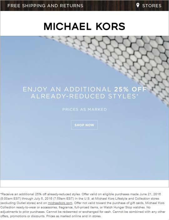 Michael Kors Coupon March 2024 Extra 25% off sale items at Michael Kors, ditto online