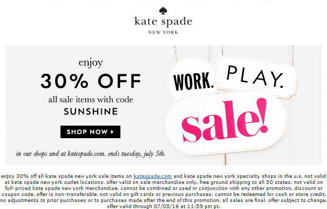 Kate Spade Coupon April 2024 Extra 30% off sale items at Kate Spade, or online via promo code SUNSHINE