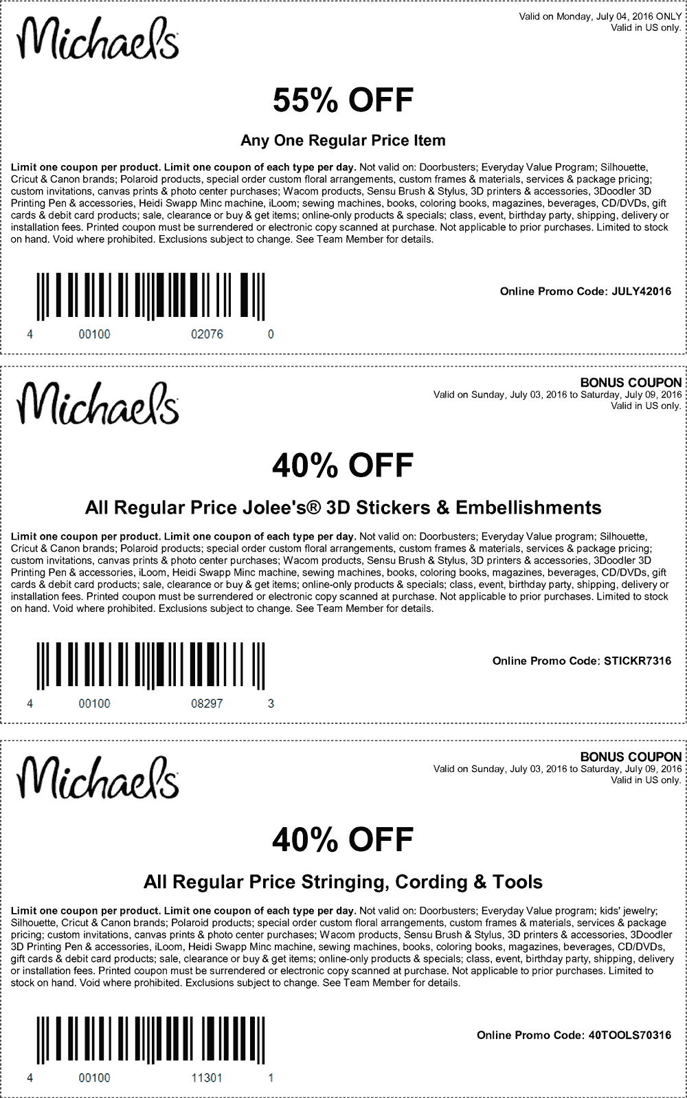 Michaels Coupon April 2024 55% off a single item today at Michaels, or online via promo code JULY42016